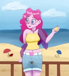 Size: 1440x1584 | Tagged: safe, artist:flight-of-the-moon, banned from derpibooru, deleted from derpibooru, derpibooru import, pinkie pie, equestria girls, alternate hairstyle, beach, belly button, choker, clothes, female, food, fruit, glasses, lemon, lipstick, midriff, ocean, sand, shorts, solo, straw