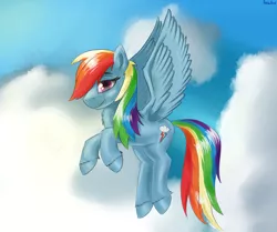 Size: 2150x1800 | Tagged: safe, artist:dukevonkessel, banned from derpibooru, deleted from derpibooru, derpibooru import, rainbow dash, pegasus, pony, cloud, female, looking at you, mare, sky, smiling, solo, spread wings, wings