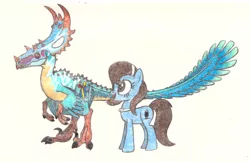 Size: 1849x1199 | Tagged: safe, artist:smcho1014, banned from derpibooru, deleted from derpibooru, derpibooru import, oc, oc:bella voce, oc:wild sketchy, unofficial characters only, dinosaur, earth pony, feathered dinosaur, pony, colored pencil drawing, duo, female, hybrid dinosaur, mare, traditional art, utasinoraptor