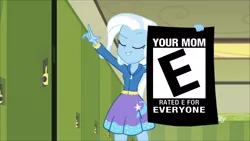 Size: 1070x602 | Tagged: safe, banned from derpibooru, deleted from derpibooru, derpibooru import, edit, edited screencap, screencap, trixie, equestria girls, equestria girls series, forgotten friendship, esrb, euh ntm, rated e, trixie's poster, your mom