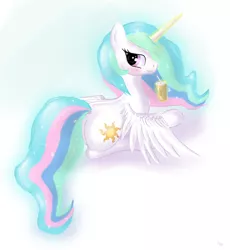 Size: 1440x1562 | Tagged: safe, artist:hieronymuswhite, banned from derpibooru, deleted from derpibooru, derpibooru import, princess celestia, alicorn, pony, blushing, butt, cute, cutelestia, drink, female, plot, smiling, solo