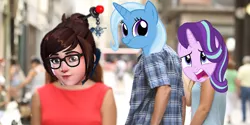 Size: 1135x567 | Tagged: safe, banned from derpibooru, deleted from derpibooru, derpibooru import, starlight glimmer, trixie, distracted boyfriend, distracted boyfriend meme, mei (overwatch), overwatch