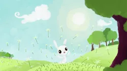 Size: 5120x2880 | Tagged: safe, artist:qewcat, banned from derpibooru, deleted from derpibooru, derpibooru import, angel bunny, rabbit, angelbetes, animal, cloud, cute, dandelion, field, hill, no pony, open mouth, scenery, smiling, solo, sun, tree