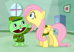 Size: 1096x775 | Tagged: safe, artist:culu-bluebeaver, banned from derpibooru, deleted from derpibooru, derpibooru import, fluttershy, bear, pegasus, pony, background, clothes, flippy, happy tree friends, image, jpeg, military, pointing, this will end in death, this will end in tears, this will end in tears and/or death, vector