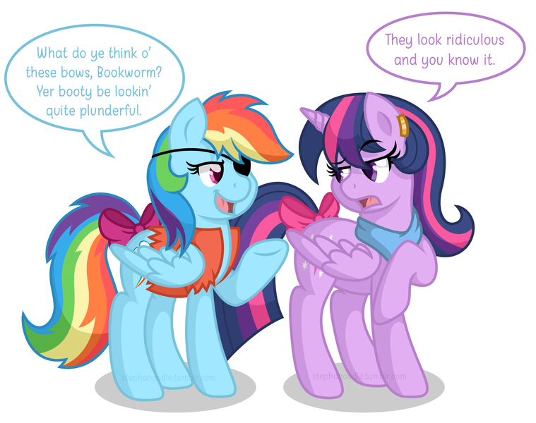 Size: 2161x1708 | Tagged: safe, artist:stephanoodle, banned from derpibooru, deleted from derpibooru, derpibooru import, rainbow dash, twilight sparkle, twilight sparkle (alicorn), oc, oc:bookworm, oc:pirate dash, alicorn, pegasus, pony, alternate hairstyle, alternate universe, bow, clothes, ear piercing, earring, eyepatch, female, jewelry, lesbian, mare, piercing, pirate, pirate dash, scarf, shipping, simple background, tail bow, twidash, vest, white background