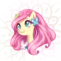 Size: 800x800 | Tagged: safe, artist:jumblehorse, banned from derpibooru, deleted from derpibooru, derpibooru import, fluttershy, butterfly, pegasus, pony, alternate hairstyle, bust, cute, female, flower, flower in hair, looking away, looking up, mare, portrait, shyabetes, smiling, solo