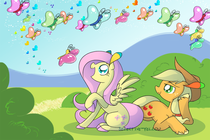 Size: 1500x1000 | Tagged: safe, artist:selective-yellow, banned from derpibooru, deleted from derpibooru, derpibooru import, applejack, fluttershy, butterfly, earth pony, pegasus, pony, animal, applejack's hat, appleshy, butterfly migration, colored ears, colored hooves, cowboy hat, cutie mark, duo, female, hat, hooves, lesbian, mare, observer, open mouth, prone, raised hoof, redraw, shipping, sitting, smiling, spread wings, unshorn fetlocks, wings