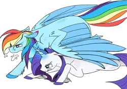 Size: 1086x759 | Tagged: safe, artist:selective-yellow, banned from derpibooru, deleted from derpibooru, derpibooru import, rainbow dash, rarity, pegasus, pony, unicorn, colored ears, colored hooves, duo, female, floppy ears, glowing horn, gritted teeth, horn, lesbian, mare, prone, protecting, raridash, shipping, simple background, snorting, transparent background