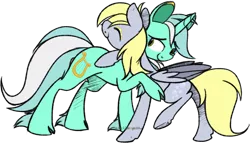 Size: 1062x616 | Tagged: safe, artist:selective-yellow, banned from derpibooru, deleted from derpibooru, derpibooru import, derpy hooves, lyra heartstrings, pegasus, pony, unicorn, cutie mark, duo, eyes closed, female, hug, lesbian, lyraderp, mare, neck hug, shipping, simple background, smiling, transparent background, unshorn fetlocks