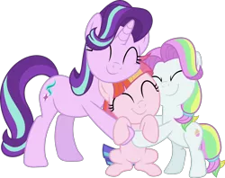 Size: 5969x4737 | Tagged: safe, artist:sinkbon, banned from derpibooru, deleted from derpibooru, derpibooru import, coconut cream, starlight glimmer, toola roola, earth pony, pony, unicorn, fame and misfortune, .svg available, cute, daaaaaaaaaaaw, eyes closed, female, filly, hug, mare, multicolored hair, roolabetes, simple background, transparent background, vector, weapons-grade cute