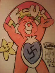 Size: 1200x1600 | Tagged: safe, artist:richard beachums, banned from derpibooru, deleted from derpibooru, derpibooru import, oc, oc:aryanne, bear, animal, barely pony related, care bear, fuck you, happy, heart, nazi, photo, smiling, stars, swastika, toy, traditional art