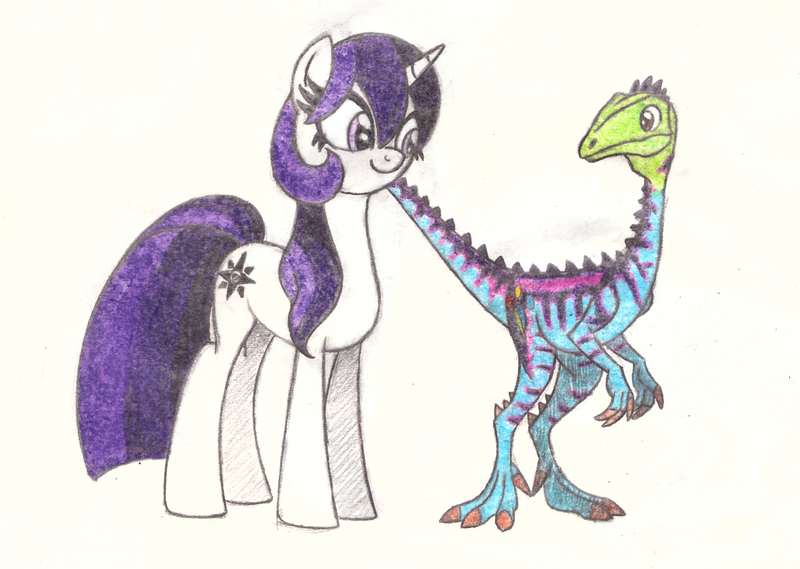 Size: 1512x1076 | Tagged: safe, artist:smcho1014, banned from derpibooru, deleted from derpibooru, derpibooru import, oc, oc:mage, oc:wild sketchy, dinosaur, pony, unicorn, colored pencil drawing, duo, female, male, mare, traditional art, unaysaurus