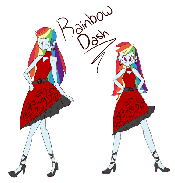 Size: 1433x1497 | Tagged: safe, artist:flight-of-the-moon, banned from derpibooru, deleted from derpibooru, derpibooru import, rainbow dash, equestria girls, clothes, dress, female, high heels, rainbow dash always dresses in style, shoes, simple background, smiling, solo, white background