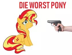 Size: 706x544 | Tagged: grimdark, banned from derpibooru, deleted from derpibooru, derpibooru import, sunset shimmer, abuse, downvote bait, gun, internet tough guy, op is lazy, sad, shimmerbuse, weapon
