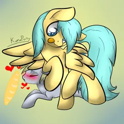Size: 1000x1000 | Tagged: safe, artist:rainbowdrool, banned from derpibooru, deleted from derpibooru, derpibooru import, derpy hooves, sunshower raindrops, 30 minute art challenge, blushing, body swap, bread, food