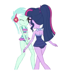 Size: 800x1026 | Tagged: safe, banned from derpibooru, deleted from derpibooru, derpibooru import, editor:i-mlp2020, lyra heartstrings, sci-twi, twilight sparkle, equestria girls, equestria girls series, forgotten friendship, turf war, belly button, bikini, clothes, midriff, one-piece swimsuit, simple background, swimsuit, transparent background, watermark