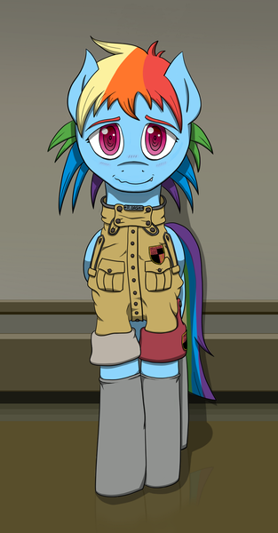 Size: 704x1350 | Tagged: safe, artist:umgaris, banned from derpibooru, deleted from derpibooru, derpibooru import, rainbow dash, clothes, cosplay, costume, crossover, epaulettes, hellsing, hellsing ultimate, rolled up sleeves, seras victoria, solo