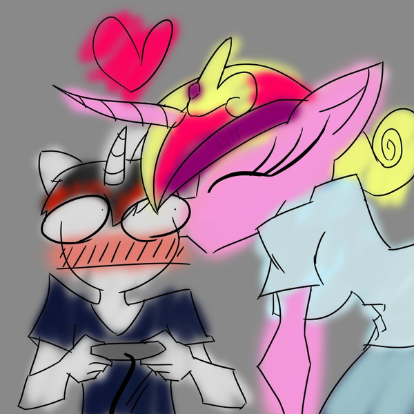 Size: 800x800 | Tagged: safe, artist:edgy the hedgy, princess cadance, oc, oc:zaknel, anthro, age difference, blushing, canon x oc, eyes closed, female, gray background, heart, kissing, kiss on the cheek, male, signature, simple background, straight, straight shota, surprised, traditional art