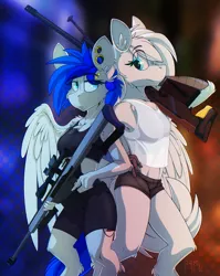 Size: 1824x2290 | Tagged: safe, alternate version, artist:ralek, banned from derpibooru, deleted from derpibooru, derpibooru import, oc, oc:kalinka, oc:sapphire sights, unofficial characters only, anthro, hippogriff, pegasus, unguligrade anthro, .50 cal, abstract background, armpits, belly button, breasts, clothes, delicious flat chest, ear piercing, female, gauges, gun, image, m82a3, piercing, png, rifle, shorts, sniper, sniper rifle, talons, tanktop, weapon