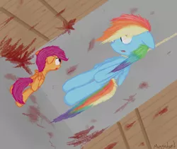 Size: 950x800 | Tagged: grimdark, artist:misophoniac, banned from derpibooru, deleted from derpibooru, derpibooru import, rainbow dash, scootaloo, blood, corpse party, crying, death, hanging, noose, rope, sad, suicide