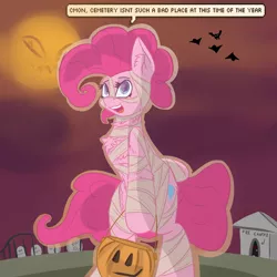 Size: 4000x4000 | Tagged: safe, artist:fezan, banned from derpibooru, deleted from derpibooru, derpibooru import, pinkie pie, bat, cemetery, clothes, costume, halloween, holiday, mummy, pumpkin bucket