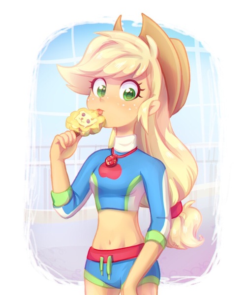 Size: 825x990 | Tagged: safe, artist:jumblehorse, banned from derpibooru, deleted from derpibooru, derpibooru import, edit, applejack, equestria girls, equestria girls series, applejack's hat, belly button, clothes, cowboy hat, curvy, cute, dessert, female, food, freckles, geode of super strength, hat, ice cream, jackabetes, lion lickers, looking at you, magical geodes, midriff, popsicle, small edit, solo, stetson, swimsuit, tongue out