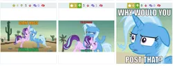 Size: 705x271 | Tagged: safe, artist:ponylover88, banned from derpibooru, deleted from derpibooru, derpibooru import, edit, edited screencap, screencap, starlight glimmer, trixie, pony, unicorn, derpibooru, road to friendship, caption, cheering, female, floppy ears, hugs needed, image macro, juxtaposition, mare, meme, messy mane, meta, reaction image, shipping, shocked, solo, text, waifu, waifu thief, why would you post that