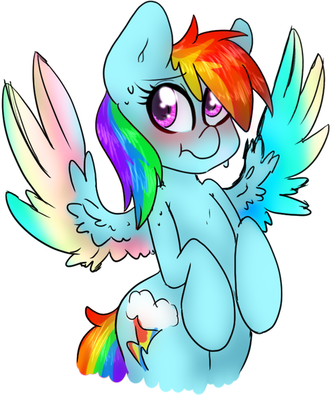 Size: 664x829 | Tagged: safe, alternate version, artist:spottyfreak, banned from derpibooru, deleted from derpibooru, derpibooru import, rainbow dash, backwards cutie mark, bipedal, blushing, colored wings, multicolored wings, nervous, rainbow wings, simple background, solo, spread wings, sweat, white background, wings