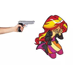 Size: 760x672 | Tagged: semi-grimdark, banned from derpibooru, deleted from derpibooru, derpibooru import, edit, sunset shimmer, equestria girls, abuse, background pony strikes again, downvote bait, gun, op is lazy, op isn't even trying anymore, sad, shimmerbuse, weapon