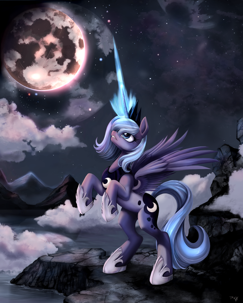 Size: 2400x3000 | Tagged: safe, artist:ponykillerx, banned from derpibooru, deleted from derpibooru, derpibooru import, princess luna, alicorn, pony, female, magic, mare, moon, rearing, s1 luna, solo