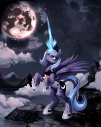 Size: 2400x3000 | Tagged: safe, artist:ponykillerx, banned from derpibooru, deleted from derpibooru, derpibooru import, princess luna, alicorn, pony, female, magic, mare, moon, rearing, s1 luna, solo