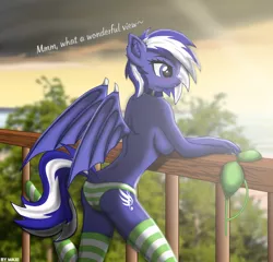 Size: 3118x2999 | Tagged: suggestive, artist:maxiclouds, banned from derpibooru, deleted from derpibooru, derpibooru import, oc, oc:rainey lovers, unofficial characters only, anthro, bat pony, anthro oc, balcony, bat pony oc, bat wings, blue underwear, blushing, breasts, clothes, dialogue, married, panties, rear view, sideboob, socks, solo, striped socks, striped underwear, sunset, underwear, wings