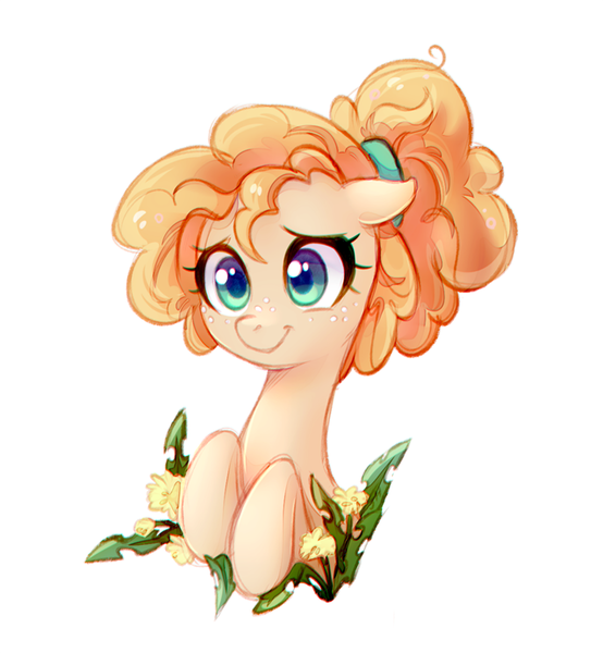 Size: 756x819 | Tagged: safe, artist:jumblehorse, banned from derpibooru, deleted from derpibooru, derpibooru import, pear butter, earth pony, pony, the perfect pear, applejack's mom, chromatic aberration, cute, dandelion, female, flower, freckles, mare, pearabetes, ponytail, simple background, solo, white background