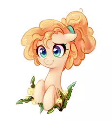 Size: 756x819 | Tagged: safe, artist:jumblehorse, banned from derpibooru, deleted from derpibooru, derpibooru import, pear butter, earth pony, pony, the perfect pear, applejack's mom, chromatic aberration, cute, dandelion, female, flower, freckles, mare, pearabetes, ponytail, simple background, solo, white background