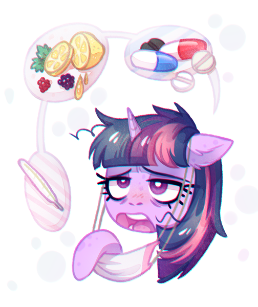 Size: 735x875 | Tagged: safe, artist:jumblehorse, banned from derpibooru, deleted from derpibooru, derpibooru import, twilight sparkle, female, medicine, pills, sick, solo