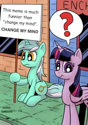 Size: 724x1024 | Tagged: safe, artist:pony-berserker, banned from derpibooru, deleted from derpibooru, derpibooru import, edit, lyra heartstrings, twilight sparkle, twilight sparkle (alicorn), alicorn, pony, unicorn, change my mind, confused, exploitable meme, female, frown, glare, hoof hold, hypocritical humor, looking at you, lyra's sign meme, mare, meme, memeception, meta, pictogram, question mark, raised eyebrow, sidewalk, sign, sitting, speech bubble