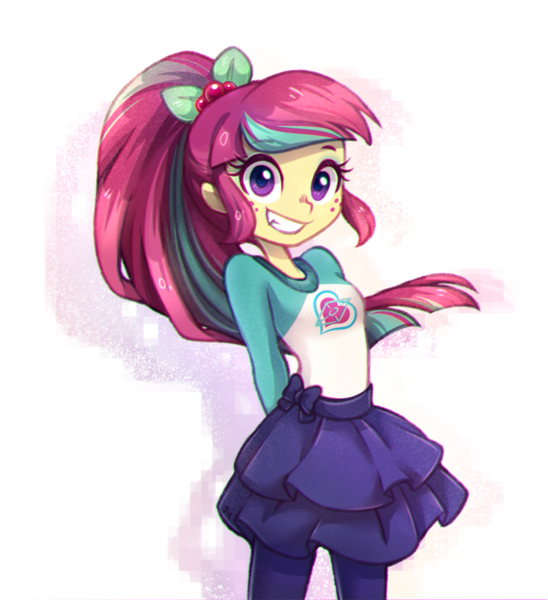Size: 891x976 | Tagged: safe, artist:jumblehorse, banned from derpibooru, deleted from derpibooru, derpibooru import, sour sweet, equestria girls, clothes, cute, cute little fangs, fangs, female, freckles, looking at you, pantyhose, ponytail, shirt, simple background, skirt, smiling, solo, sourbetes, white background