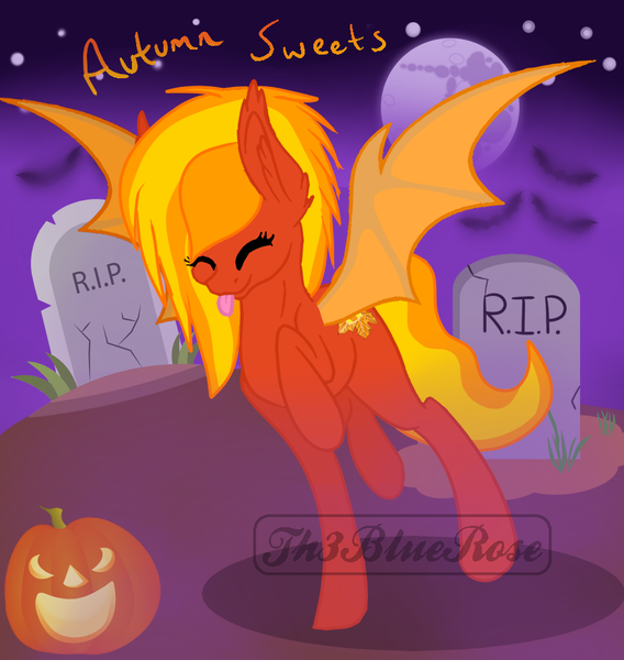 Size: 870x919 | Tagged: safe, artist:northerndawnart, banned from derpibooru, deleted from derpibooru, derpibooru import, oc, oc:autumn sweets, bat pony, adoptable, base used, eyes closed, female, gravestone, halloween, holiday, jack-o-lantern, mare, obtrusive watermark, open adopt, pumpkin, solo, tongue out, watermark
