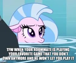 Size: 598x500 | Tagged: safe, banned from derpibooru, deleted from derpibooru, derpibooru import, edit, edited screencap, screencap, silverstream, what lies beneath, caption, depressed, disappointed, female, floppy ears, image macro, meme, sad, solo, text, tfw