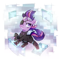 Size: 975x975 | Tagged: safe, artist:jumblehorse, banned from derpibooru, deleted from derpibooru, derpibooru import, twilight sparkle, pony, unicorn, it's about time, abstract background, chromatic aberration, eyepatch, female, future twilight, mare, solo, twilight is not amused, unamused, unicorn twilight