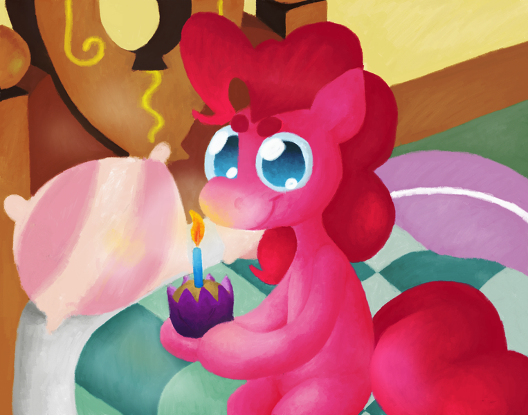 Size: 1256x988 | Tagged: safe, artist:67fats, banned from derpibooru, deleted from derpibooru, derpibooru import, pinkie pie, semi-anthro, bedroom, cupcake, female, food, mare, ms paint, sitting, solo