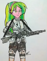 Size: 2115x2766 | Tagged: safe, artist:atisuto17, banned from derpibooru, deleted from derpibooru, derpibooru import, lemon zest, equestria girls, colored, crossover, dirt, empire, female, galactic empire, gun, laser gun, rifle, scout trooper, shadowbolts, sniper rifle, solo, star wars, traditional art, weapon