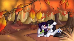 Size: 1920x1080 | Tagged: safe, artist:xcinnamon-twistx, banned from derpibooru, deleted from derpibooru, derpibooru import, oc, oc:cinnamon twist, oc:first choice, autumn, blushing, cinnoise, female, forest, leaves, looking at each other, male, shipping, straight