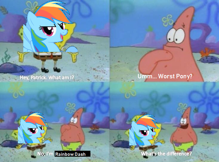 Size: 734x546 | Tagged: safe, banned from derpibooru, deleted from derpibooru, derpibooru import, rainbow dash, image, patrick star, png, spongebob squarepants, spongebob squarepants (character), worst pony