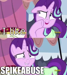 Size: 1256x1406 | Tagged: safe, banned from derpibooru, deleted from derpibooru, derpibooru import, edit, edited screencap, screencap, spike, starlight glimmer, rock solid friendship, abuse, caption, discovery family logo, downvote bait, exploitable meme, go to sleep garble, image macro, implied spike, meme, shitposting, spikeabuse, starlight's confessions, text
