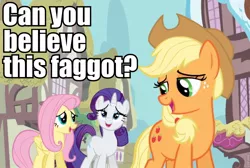 Size: 960x646 | Tagged: safe, banned from derpibooru, deleted from derpibooru, derpibooru import, applejack, fluttershy, rarity, caption, image macro, reaction image, slur, text, vulgar