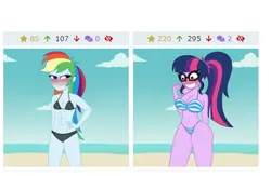 Size: 906x590 | Tagged: suggestive, artist:mashoart, banned from derpibooru, deleted from derpibooru, derpibooru import, edit, screencap, rainbow dash, sci-twi, twilight sparkle, derpibooru, equestria girls, abs, beach, bikini, blushing, breast envy, breasts, busty twilight sparkle, clothes, collage, embarrassed, female, hot, implied lesbian, implied shipping, implied twidash, juxtaposition, juxtaposition win, legs, meme, meta, ocean, ogling, sand, sexy, small breasts, solo, solo female, swimsuit, water