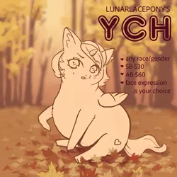 Size: 1000x1000 | Tagged: safe, artist:lunarlacepony, banned from derpibooru, deleted from derpibooru, derpibooru import, oc, unofficial characters only, auction, autumn, bright, chubby, commission, cute, fat, leaves, nature, outdoor, promotion, solo, your character here