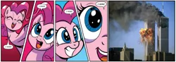 Size: 1569x554 | Tagged: semi-grimdark, artist:pencils, banned from derpibooru, deleted from derpibooru, derpibooru import, edit, pinkie pie, 9/11, background pony strikes again, cute, downvote bait, funny, happy, image, nevar forget, op isn't even trying anymore, png, we are going to hell