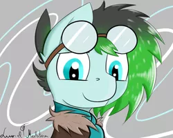 Size: 1280x1024 | Tagged: safe, artist:luriel maelstrom, banned from derpibooru, deleted from derpibooru, derpibooru import, oc, oc:gryph xander, unofficial characters only, pony, abstract background, bust, clothes, gift art, goggles, jacket, looking at you, male, portrait, scarf, signature, smiling, solo, stallion, two toned mane